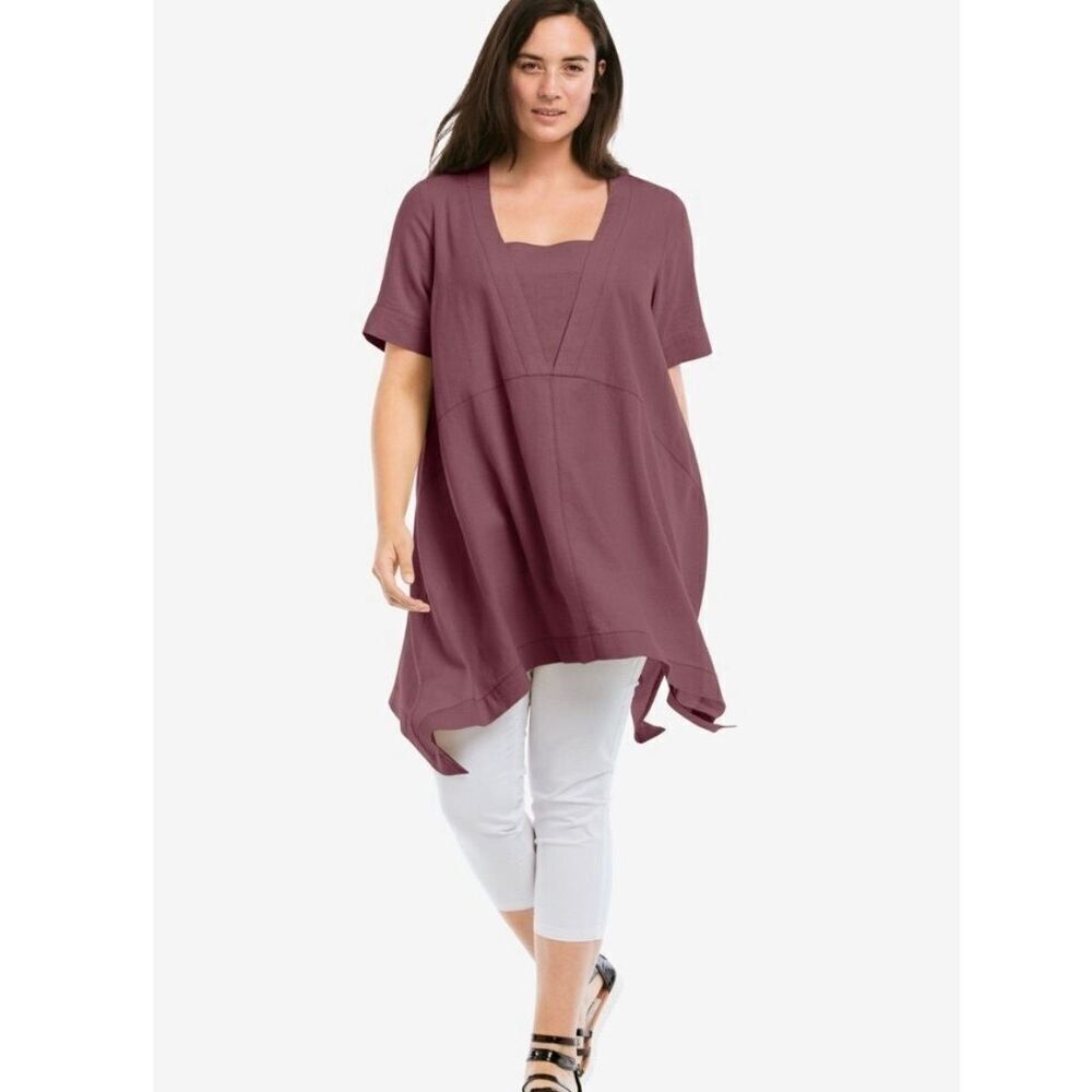 Ellos Burgundy Sunwashed Linen Blend Lagenlook Top sz 2X 26/28